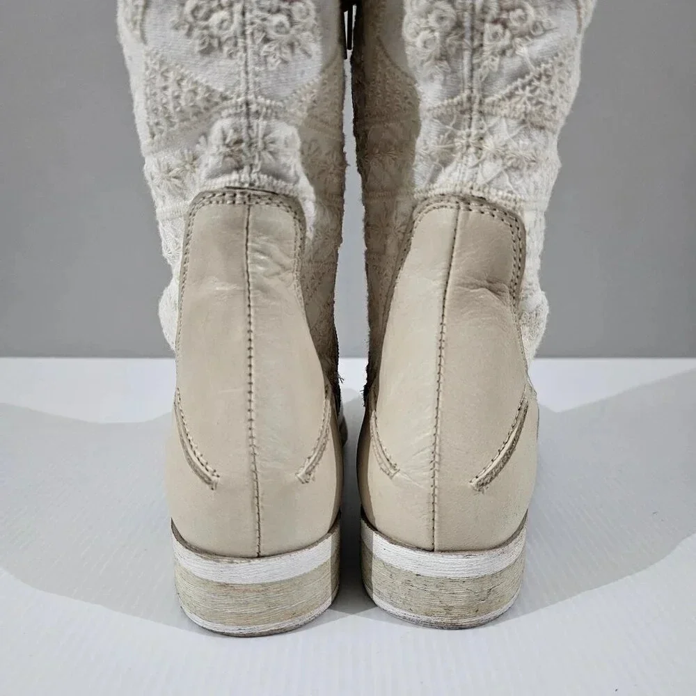 Free People Bren Knee High Boot Womens EU 37 Cream Embroidered Slouchy Boho